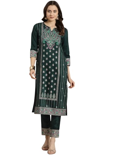 Ziyaa Women'S Art Silk Green Color Chinon Straight Foil Printed Kurta And Pant Set (Hnkuch4028Andpa