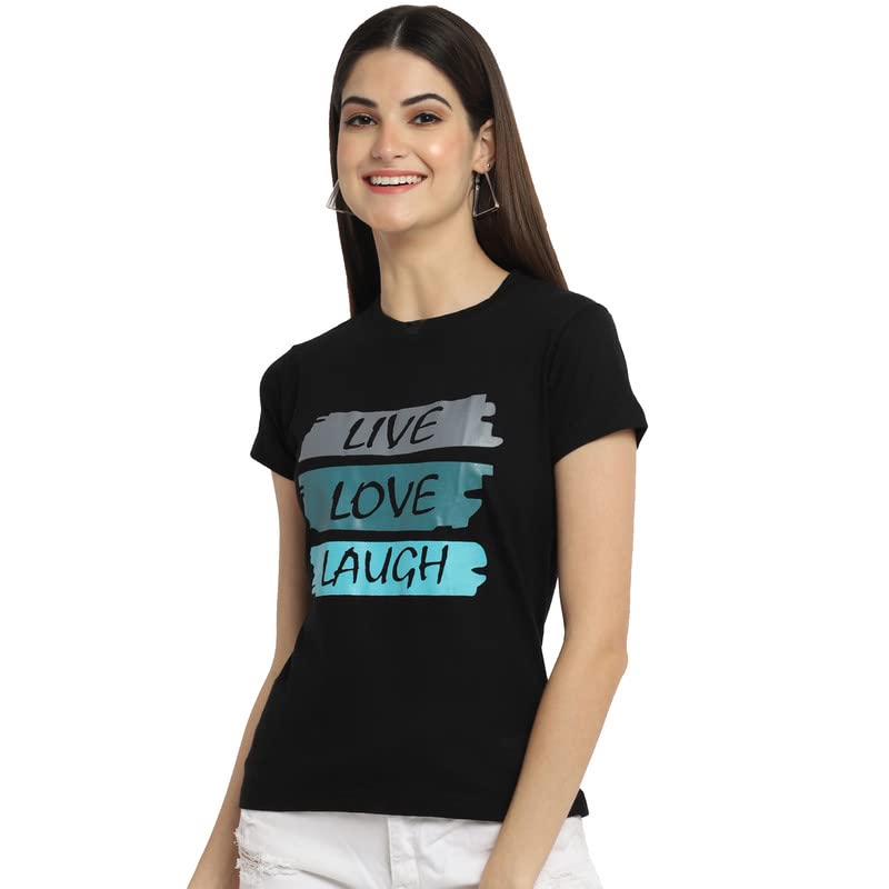 Preneum Womens Cotton Regular Fit Latest Graphic Stylish Printed Short Sleeves Casual T-Shirt (Pack 4), Black & Cream & Pink &