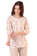 W For Woman Thread Embroidered Straight Pure Cotton Ethnic Lacetop (Size: M)-W31209-400809 Ecru