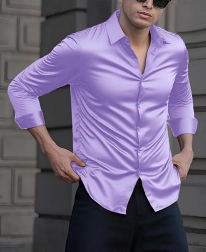 Indoprimo MenS Casual Button Down Long Sleeve Satin Plain Shirt