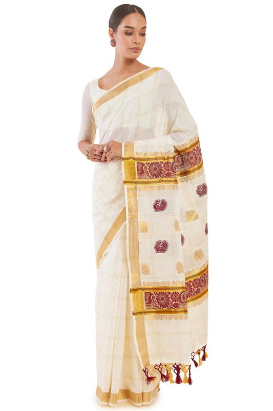 Soch Women Checkered Cotton Kasavu Saree with Floral and Paisley Pallu
