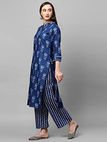 ANNI DESIGNER Womens Cotton Blend Straight Floral Printed Kurta and Pant (Blue Flower-SM_S_Blue_Small)