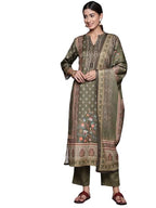 Varanga Women Woolen Olive Ethnic Motif Printed Straight Kurta Paired With Tonal Bottom And Dupatta