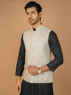 Wintage Men'S Linen Cream Nehru Jacket With Black Kurta And White Pyjama : Wc157Linennaturalkp001