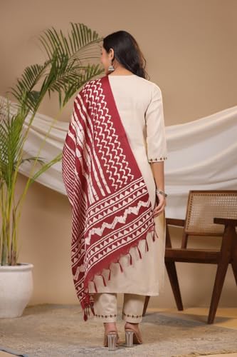 ANNI DESIGNER Womens Cotton Blend Straight Embroidered Kurta with Pant & Dupatta (DD Beige_3XL_Beige_XXX-Large)