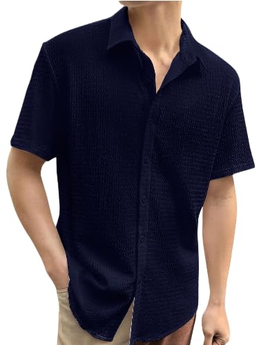 Tee Projekt Mens Popcorn Shirt Texture Pattern Mens Casual Shirt Half Sleeves Goa Beach Summer Shirt Navy Blue