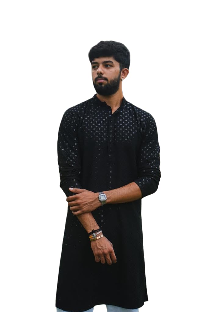 LookMark Present Mens Pure Rayon Chikankari Sequins Kurta||Mens Chikankari Black Coloured Kurta|| AZ-LM-OG-Kurta 11 Black-XXL