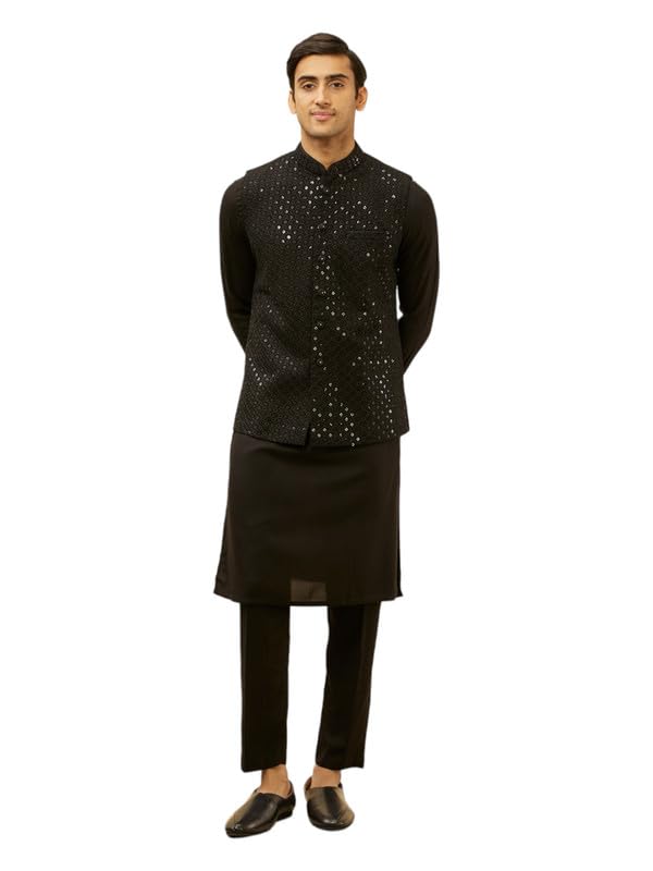 Manyavar Mens Black Blended Viscose Self Design Kurta Trouser Jacket Set