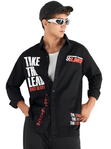 Bewakoof Mens Typography Oversized Fit Full Sleeve Collared Pure Cotton Shirt_662092_Black_XL
