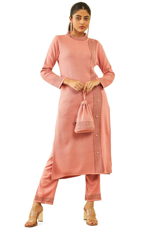 Soch Women Acrylic Geometric Pattern Winter Kurta Set with Potli Bag