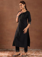 Libas Gerua Womens Solid Silk Blend Straight Kurta With Trousers And Dupatta