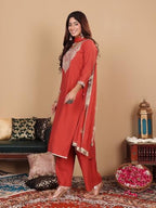 Varanga Women Rust Round Neck Zari Embroidered Yoke Straight Kurta With Tonal Bottom And Dupatta
