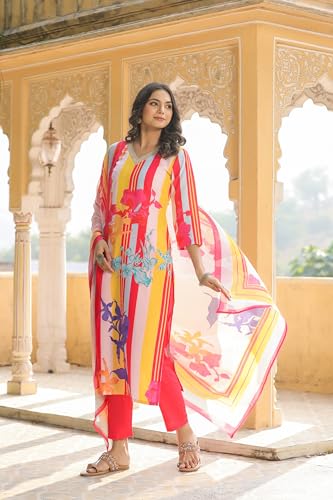 ANNI DESIGNER Womens Cotton Blend Straight Printed Kurta with Pant & Dupatta (Kapila Red_XXL_Red_XX-Large)