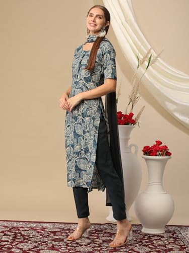 ANNI DESIGNER Womens Cotton Blend Printed Straight Kurta with Pant & Dupatta (Minika Blue_XXL_Blue_XX-Large)