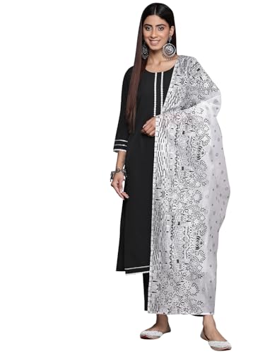 Ziyaa Women'S Black Crepe Straight Kurta, Pant And Dupatta Set (Ziskdcr4114-3Xl