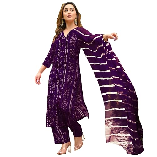 ANNI DESIGNER Womens Rayon Blend Straight Bandhej Printed Kurta with Pant & Dupatta (Baghira Begani_XXL_Begani_XX-Large)
