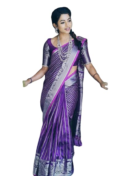 Flosive Womens Kanjivaram Silk Saree With Handloom Weaving Work With Blouse (PURPLE)