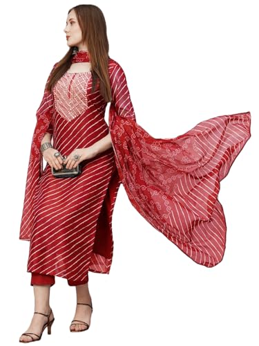 ANNI DESIGNER Womens Cotton Blend Straight Printed Kurta with Pant & Dupatta (DOREMI-RED-BHN_3XL_Red_XXX-Large)