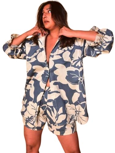 LERIYA FASHION Womens Rayon Floral Relaxed Co Ord Set Pack of 1 (Lf-W2012&Sh258_Blue_Large)