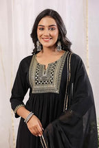 Ishin Women'S Black Yoke Design Zari Work A-Line Kurta With Trousers & Dupatta