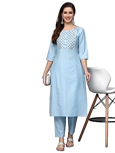 Stylum Women'S Woven Design & Embroidered Cotton Blend Straight Kurta Pant Set (Kpbrunosky44_Blue, Xxl)