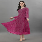 Trillmixa Georgette Floral Printed Full Sleeve V Neck Maxi-Length Fit & Flare Long Dress For WomenS (T-Mansi) Pink