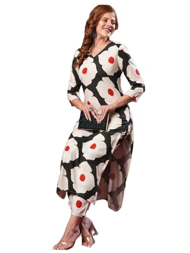 Anni Designer Women'S Rayon Blend Straight Printed Kurta With Pant (Chunilal White-Vks03_L_Black_Large)