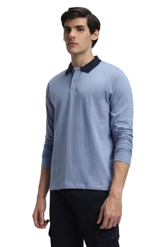 Dennis Lingo MenS Light Blue Cotton Polo Neck Tshirt, Regular Fit Long Sleeve