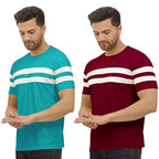 LookMark Mens Combo Cotton Blend Sky Blue & Maroon Color Printed Striped Polo Tshirt(MT04-MT09)