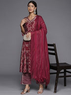 Libas WomenS Silk Blend Kurta Sets (34650_Maroon