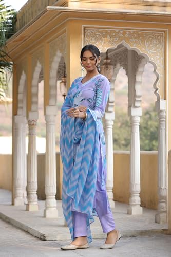 ANNI DESIGNER Womens Cotton Blend Straight Printed Kurta with Pant & Dupatta (Sohini Purple_M_Purple_Medium)