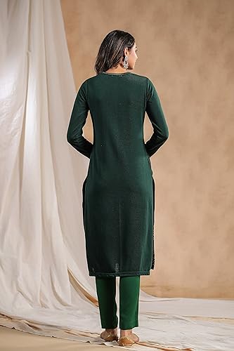 Ishin WomenS Green Jacquard Style Geometric Pattern Straight Winterwear Kurta