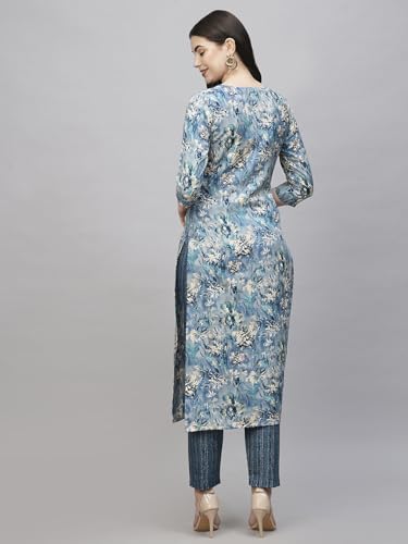 ANNI DESIGNER Womens Cotton Blend Straight Fit Printed Kurta with Pant (Seep Blue_XXL_Blue_XX-Large)