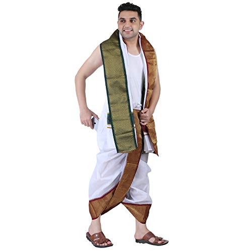 Prakasam Cotton MenS Asha Silk Panjakejam Stitched Dhoti Towel Set With Pocket (White, Free Size)