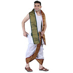 Prakasam Cotton MenS Asha Silk Panjakejam Stitched Dhoti Towel Set With Pocket (White, Free Size)