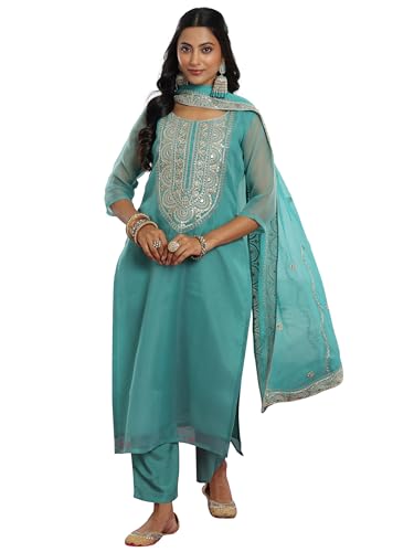 Libas Womens Embellished Organza Straight Kurta With Trousers And Dupatta
