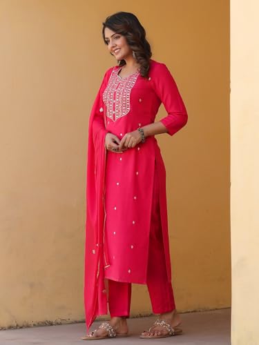 ANNI DESIGNER Womens Rayon Blend Embroidered Straight Kurta with Pant & Dupatta (Kasturi Pink_S_Pink_Small)