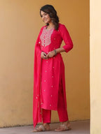 ANNI DESIGNER Womens Rayon Blend Embroidered Straight Kurta with Pant & Dupatta (Kasturi Pink_S_Pink_Small)