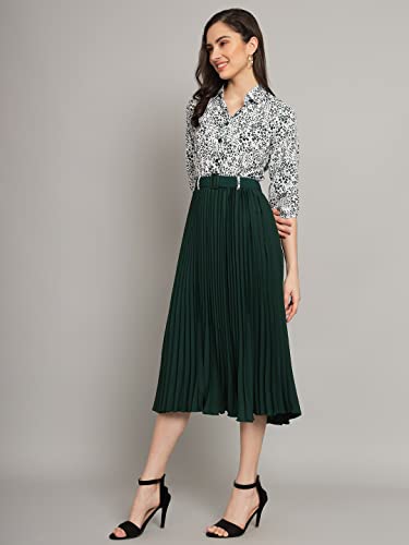 Kzully WomenS Print 3/4 Sleeve Pleated Midi Dress With Belt Green