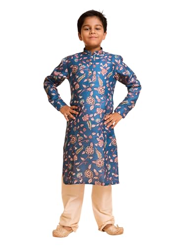 Manyavar Boys Viscose Blend Floral Printed Kurta Pyjama Set (Mid Blue,5-6Y)