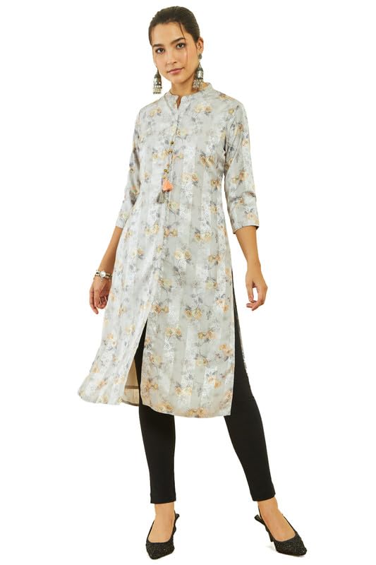 Soch Womens Grey Muslin Floral Print Straight Kurta With Tassels