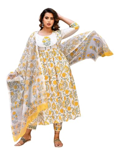 Pinkmint Women Flower Printed Anarkali Kurta & Pat Set with Dupatta