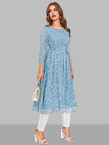 Toochki WomenS Sky Blue Georgette Floral Fit & Flared Regular Fit
