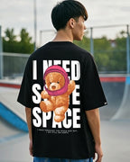 Bewakoof MenS Need Space Teddy Typography 100% Cotton T-Shirt - Oversized Fit, Round Neck, Half Sleeves Black