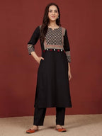 Varanga Women Jaipuri Ethnic Printed Yoke Straight Kurta Black