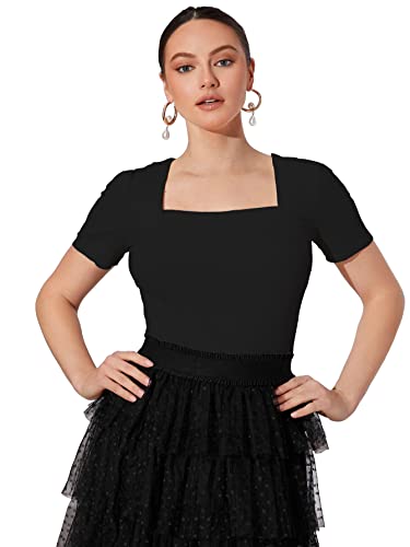 Shasmi Womens & Girls Black and Maroon Solid Knitted Square Neck Regular Fit T-Shirts Short Puff Sleeve Tops (52 Pack 2 Black