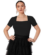 Shasmi Womens & Girls Black and Maroon Solid Knitted Square Neck Regular Fit T-Shirts Short Puff Sleeve Tops (52 Pack 2 Black