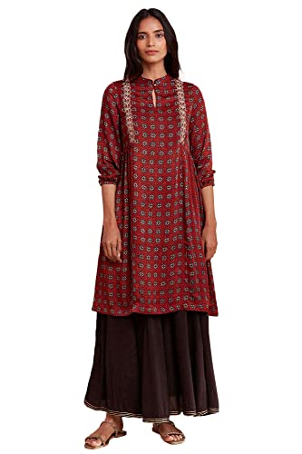 W For Woman Folksong By W Mandarin Neck Kurta Ajrakh Print 40 L 3/4Th Slv Red
