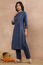 W For Woman W Women Blue Striped Viscose Straight Kurta Set With Straight Pant