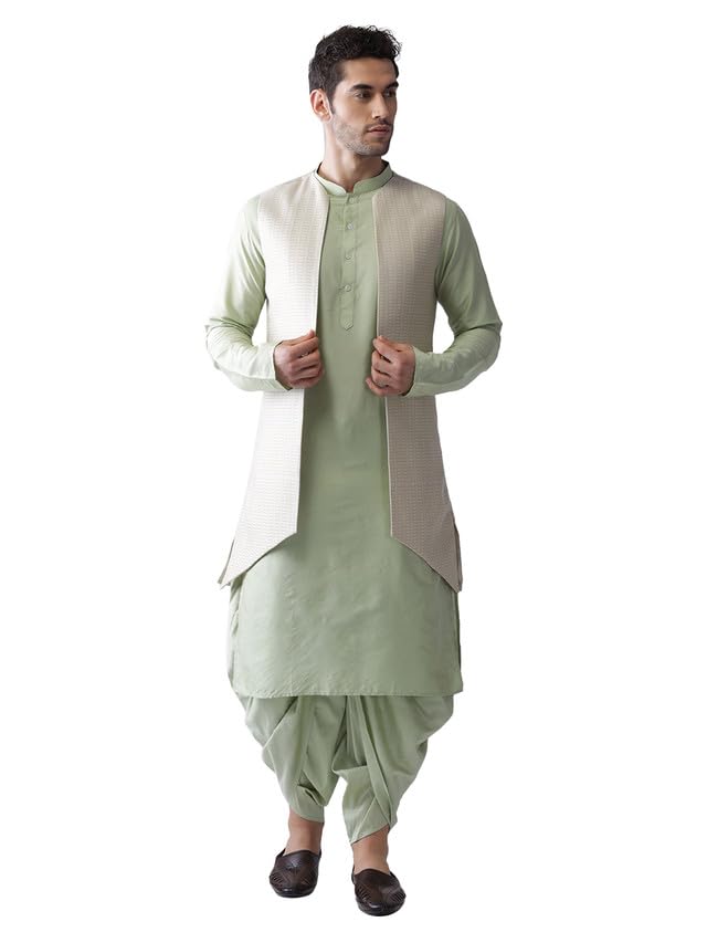 Kisah Mens Kurta Jacket Dhoti Set, Silk Blend Jacquard Mandarin Collar Long Sleeves, Beige Ethnic Wear Set For Men, 40